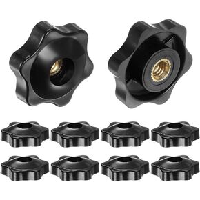 HARFINGTON 10pcs Star Knobs 1/4-20 Female Thread 32mm Head Plastic Through Hole Brass Screw-in Clamping Handles Threaded Hand Knobs, Black