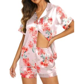 Ekouaer Pajama Sets for Women Satin Silk Short Sleeve Button Up Top and Shorts Pjs Sleepwear 2 Piece Lounge Set,Small,Fl2-Light Pink