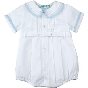 Feltman Brothers Baby Boys White Belted Bubble Outfit with Blue Trim