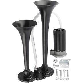 NovelBee 12V Black Air Operated Horn,Chrome Zinc Dual Trumpet Air Horn with Compressor for Car Truck Boat