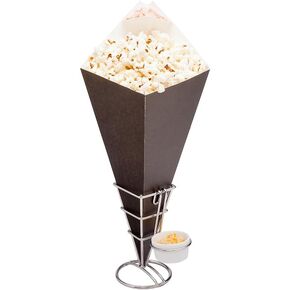 Restaurantware Cone Tek 15 بوصة مخاريط القلي الفرنسية 100 مخاريط طعام قابلة لإعادة التدوير - كوب صلصة مدمج وبطانة مقاومة للدهون مخاريط الوجبات الخفيفة الورقية السوداء للمقبلات والتشاركوتيري