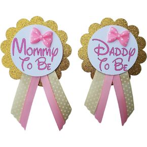 2 Mommy to Be & Daddy to Be Girl Baby Shower Pins for Parents to wear, Pink & Gold, Bow Ties or Bows Baby Sprinkle