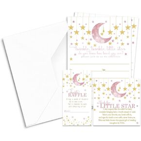 Twinkle Little Star Baby Shower Invitation Bundle Set Includes Blank Girls Invites with Envelopes Diaper Raffle Tickets Bring a Book Insert Cards (25 of Each) Celestial Themed Party Supplies