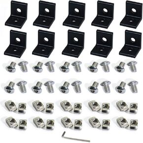 Boeray 10pcs 2 Hole Black 90 Degree Inside Corner Bracket Kit for 2020 Aluminum Extrusion Profile 20x20 Slot 6mm with 20pcs t nut + 20pcs hex Screw + 1pcs Wrench