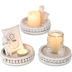 Hanobe Wood Plate Candle Holder: Small Candle Plate Set of 3 Decorative White Washed Beaded Candle Tray Round Candle Stick Holders Farmhouse Table Centerpiece for Fireplace Dining Room Home Decor