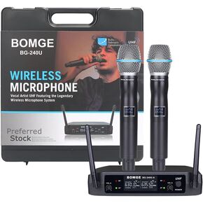 BOMGE uhf Metal Dual Handheld Wireless Microphones & Systems for Karaoke,Singing, Meeting, Party, Church, DJ, Wedding, 200ft (240U)
