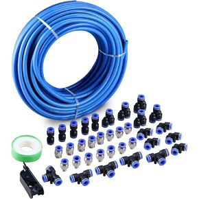 NORJIN100ft Air Line Tubing Kit 5/32 inch or 4mm OD 2.5mm ID Pneumatic Tubing, 38 PCS Compressed Air Line Kit Polyurethane PU Air Hose Pipe Tube and Push to Connect Fittings