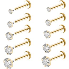 Pierstyles 18g/ 16g Surgical Steel Internally Threaded Labret 2mm 3mm 4mm 5mm 6mm CZ Stud Earrings for Tragus, Medusa, Lip, Helix, Nose, Lip, Earlobe Piercing Jewelry for Women Men Flat Back Nose Rings Studs Gold