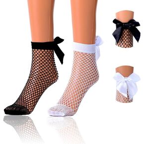 Miaband Fishnet Sheer Socks Bow Mesh Net Socks Elastic Hollow Short Socks for Women and Girls 2 Pairs