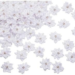 100 Pcs Satin Ribbon Flowers Bows Rhinestone Appliques 1.1 Inch DIY Mini Flowers Tiny Flower Applique Ribbon Flowers for Wedding Party Supply Home Decor Craft Embellishment (White)