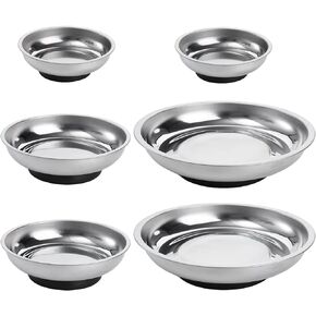 Hedume 6-Piece Magnet Trays Set, 3" 4" 6" Round Magnetic Parts Tray, Stainless Steel Magnetic Trays Tools Parts Tray Holder for Socket Screw, Nuts, Bolts, Metal Parts