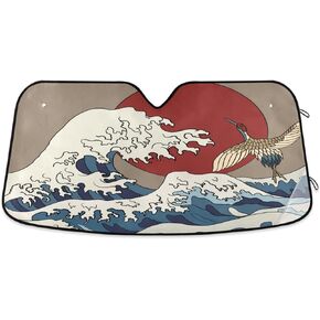 xigua Japanese Waves Car Windshield Sun Shade Front Window Folding Auto Sunshade Anti-UV Rays Sun Visor Shade for Car Truck SUV