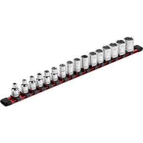 ARES 70202-3/8-Inch Drive Red Aluminum Socket Organizer - Store up to 16 Sockets and Keep Your Tool Box Organized - Sockets Will Not Fall Off this Rail