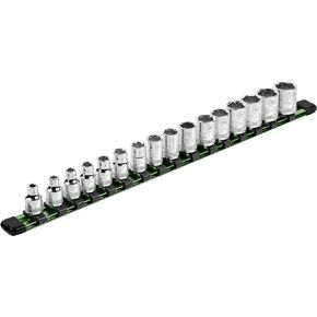 ARES 60047-3/8-Inch Drive Green Aluminum Socket Organizer - Store up to 16 Sockets and Keep Your Tool Box Organized - Sockets Will Not Fall Off this Rail