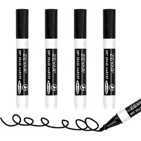 ZEYAR Low Odor Dry Erase Marker, Bullet Tip White Board Marker, 4 Count (2 Black,Blue,Red)