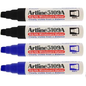 Artline 5109A Big Nib 10mm Dry Erase Extra Thick Whiteboard Markers, 4 Markers (2 Black, 2 Blue)