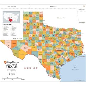 Texas Counties Map - Large - 48" x 43.5" Laminated