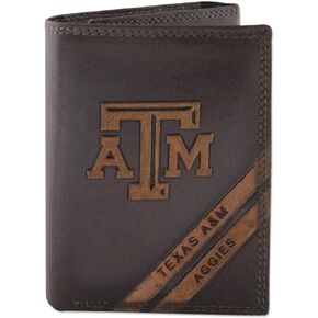 NCAA Texas A&M Aggies Zep-Pro Pull-Up Leather Trifold Embossed Wallet, Brown