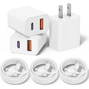 شاحن iPhone 15، 3 عبوات مزدوجة المنافذ QC + PD 3.0 شاحن حائط سريع USB مع كابل USB C بطول 6 أقدام لهاتف iPhone 15/15 Pro/15 Pro Max/iPad Pro/AirPods والمزيد (3 عبوات كابل USB-C بطول 6 أقدام متضمن)