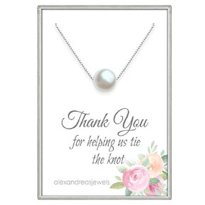 Sterling Silver Floating White Crystal Pearl Necklace, Thank You for Helping Us Tie The Knot Necklace, Bridesmaid Gift, White Pearl Necklace, Bridal Party Jewelry (18 inches plus 2-inch extender)