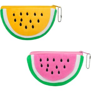 AfitLulu 2pcs Change Purse, Cute Plush Cartoon Watermelon Shape Coin Purse with Keychain for Women and Girls (Pink+Yellow)