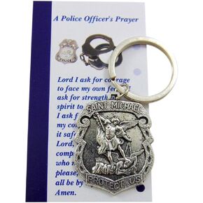 Westmon Works Police Keychain Gift Set Metal St Michael Badge Key Ring with Holy Card