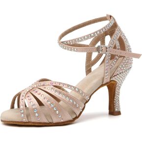 Women's Rhinestone Ballroom Dance Shoes Open Toe Latin Salsa Bachata Performance Dancing Shoes 3 Inch Heel