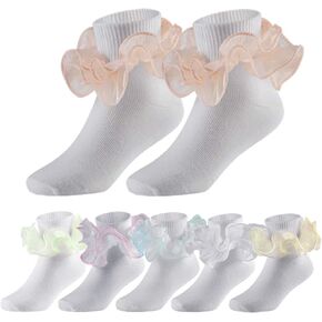 KOSIWEGO 6 Pairs Girls Double Ruffle Socks Cute Big Lace Dress Pageant Ankle Style Socks