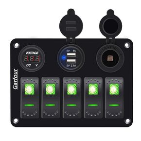 Garfour Waterproof Green Boat Rocker Switch Panel 3.1A Volt Dual USB Socket LED Light Voltmeter Cigarette Lighter Socket 5 Bang Rocker Switch Panel for Car RV SUV Boat