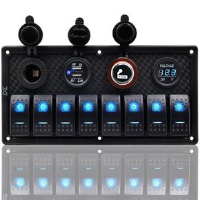 FXC 12V 24V Red LED ON/Off Marine Multi Function Switch Panel Waterproof 8 Gang Rocker Switch Panel for Boat Car Truck Rv Toggle Switches Panel with Circuit Breaker Dual USB Charger Voltmeter