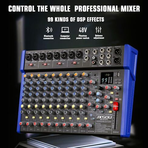 JXSOU Audio Mixer, 14-Channel DJ Mixer Bluetooth Studio Mixer with 99 DSP Effect USB Drive+48V Phantom Power, XLR Microphone Jack Professional Mixer For Karaoke Studio Streaming Recording in Saudi Arabia