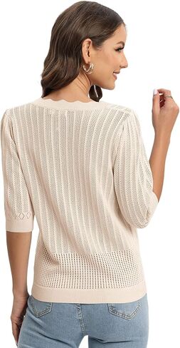 سترة صوفية نسائية من Shermia بأكمام قصيرة ورقبة على شكل حرف V وزر سفلي قصير بوليرو تتغاضى عن ملابس كروشيه خفيفة الوزن ملابس خارجية Z-Khaki in Kuwait