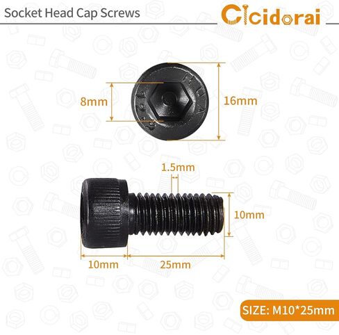Cicidorai M10-1.5 x 25mm براغي غطاء رأس المقبس، 12.9 درجة سبائك الصلب، لمسة نهائية من أكسيد الأسود، خيط الآلة، محرك مقبس ألين، الكمية 10 in Kuwait