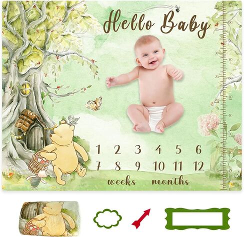بطانية مايلستون الشهرية الكلاسيكية من ويني بيبي - تصميم مخطط النمو بطانية ناعمة مايلستون للطفلة الصبية - بطانية ذا بوه ديكور الحضانة 47 بوصة × 40 بوصة in Kuwait