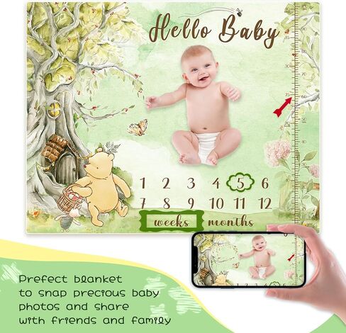 بطانية مايلستون الشهرية الكلاسيكية من ويني بيبي - تصميم مخطط النمو بطانية ناعمة مايلستون للطفلة الصبية - بطانية ذا بوه ديكور الحضانة 47 بوصة × 40 بوصة in Kuwait