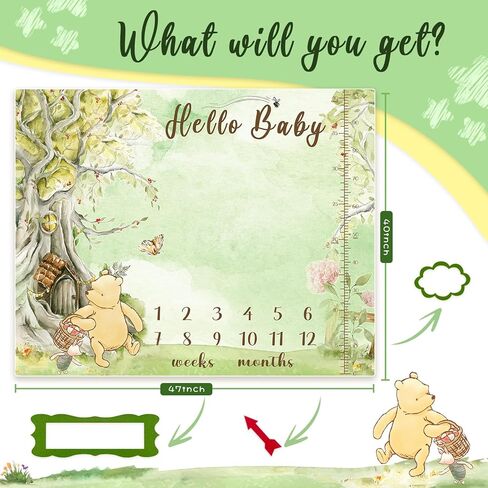 بطانية مايلستون الشهرية الكلاسيكية من ويني بيبي - تصميم مخطط النمو بطانية ناعمة مايلستون للطفلة الصبية - بطانية ذا بوه ديكور الحضانة 47 بوصة × 40 بوصة in Kuwait