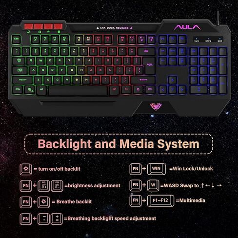 لوحة مفاتيح ألعاب AULA، مجموعة لوحة مفاتيح وماوس ولوحة ماوس، مجموعة لوحة مفاتيح ألعاب بإضاءة خلفية LED RGB، مجموعة لوحة مفاتيح سلكية USB لألعاب الكمبيوتر الشخصي، وXbox، ومستخدمي PS4 in Kuwait