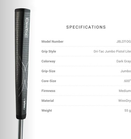 مقبض جولف Winn DriTac Lite Jumbo Pistol Putter، رمادي داكن in Saudi Arabia