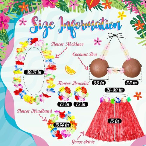 8 Sets Hula Skirt Costume Accessory Kit with 40 cm Hawaiian Grass Skirts,Girls Coconut Bra,Wreath Necklace and Headbands,Flower Bracelets for Girl Luau Party Tropical Party Favors Supplies in Saudi Arabia