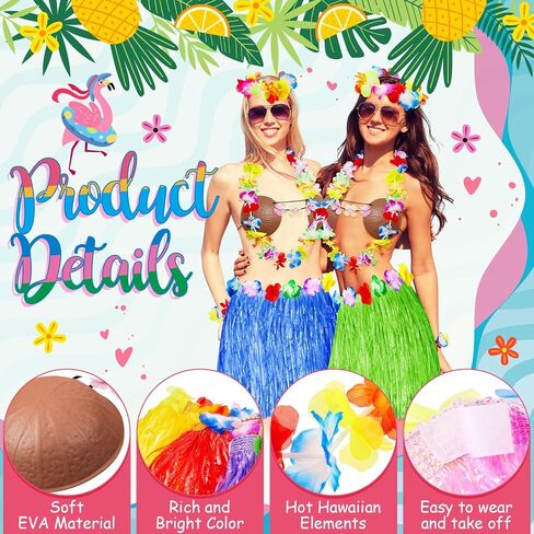 8 Sets Hula Skirt Costume Accessory Kit with 40 cm Hawaiian Grass Skirts,Girls Coconut Bra,Wreath Necklace and Headbands,Flower Bracelets for Girl Luau Party Tropical Party Favors Supplies in Saudi Arabia
