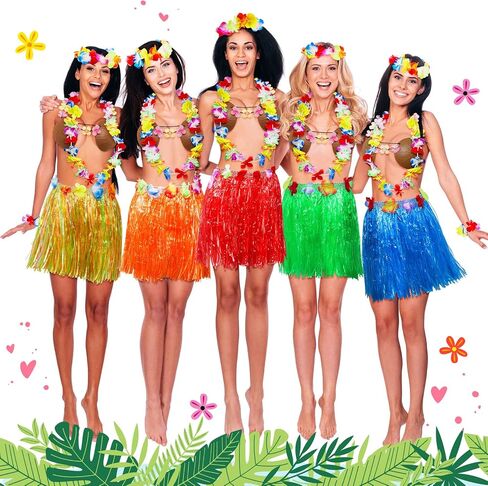 8 Sets Hula Skirt Costume Accessory Kit with 40 cm Hawaiian Grass Skirts,Girls Coconut Bra,Wreath Necklace and Headbands,Flower Bracelets for Girl Luau Party Tropical Party Favors Supplies in Saudi Arabia