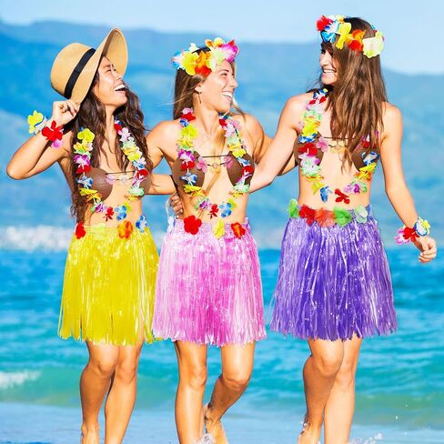 8 Sets Hula Skirt Costume Accessory Kit with 40 cm Hawaiian Grass Skirts,Girls Coconut Bra,Wreath Necklace and Headbands,Flower Bracelets for Girl Luau Party Tropical Party Favors Supplies in Saudi Arabia