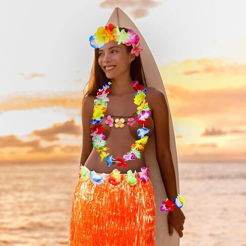8 Sets Hula Skirt Costume Accessory Kit with 40 cm Hawaiian Grass Skirts,Girls Coconut Bra,Wreath Necklace and Headbands,Flower Bracelets for Girl Luau Party Tropical Party Favors Supplies in Saudi Arabia