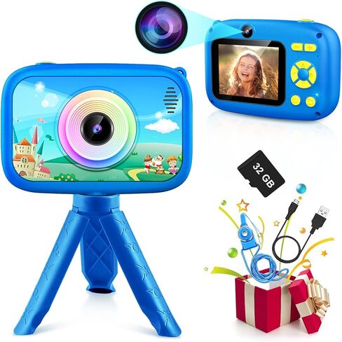 Kids Camera Toys for Boys, 2.4" Screen 1080P FHD Toddler Kid Selfie Camera with Time Lapse, Portable Toys for 3 4 5 6 7 8 9 10 Year Old Boys, Christmas Birthday Gifts for Boys with 32GB SD Card - Blue in Kuwait