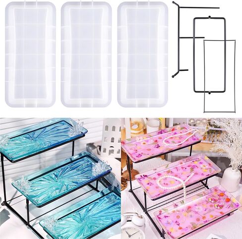 LET'S RESIN 3 Tiered Tray Silicone Molds for Epoxy Resin, Resin Tray Molds Kit with Metal Stand, Rectangle Resin Molds Silicone for Home Decor, Resin Casting, Resin Craft Display, Jewelry Holder in Saudi Arabia