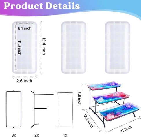LET'S RESIN 3 Tiered Tray Silicone Molds for Epoxy Resin, Resin Tray Molds Kit with Metal Stand, Rectangle Resin Molds Silicone for Home Decor, Resin Casting, Resin Craft Display, Jewelry Holder in Saudi Arabia