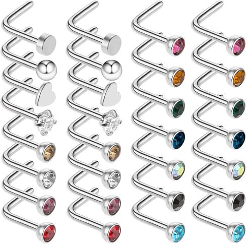 Yolev 30Pieces Surgical Stainless Steel Nose Studs, Jewelry for Women Men Steel Nose Studs Rings Piercing Earring Piercing Bars Set Unisex Gift for Women Men,15 Colors in Saudi Arabia