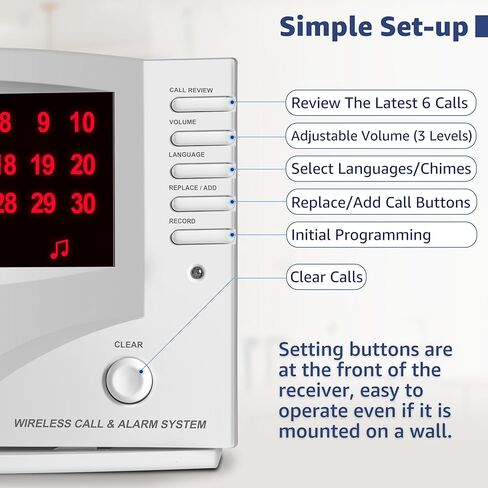 نظام الاتصال اللاسلكي SYNLETT نظام استدعاء الممرضات لمطعم العيادة المنزلية للتمريض، 5 أزرار اتصال مع وحدة مراقبة واحدة لمقدمي الرعاية والمرضى المسنين وكبار السن 7 لغات و8 نغمات تنبيه، أبيض in Kuwait