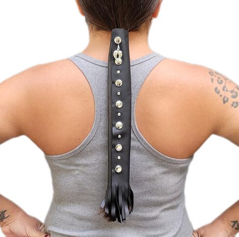 Black 11" inch Leather Ponytail Hair Wrap for Long Hair - HANDMADE Motorcycle Hair Protector for Women | Jeweled Genuine Leather Motorcycle Ponytail Holder Hair Accessories | Biker Gear MADE IN USA in Saudi Arabia