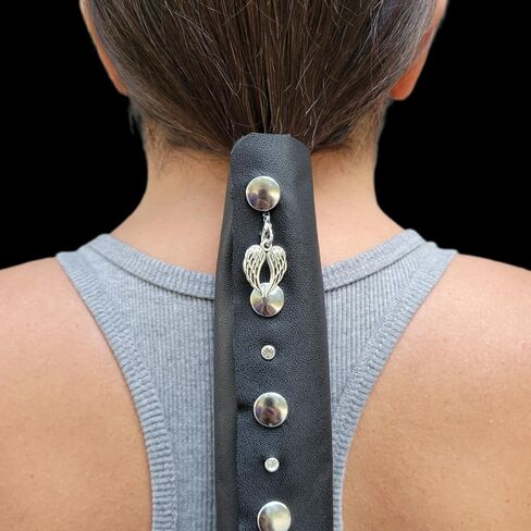 Black 11" inch Leather Ponytail Hair Wrap for Long Hair - HANDMADE Motorcycle Hair Protector for Women | Jeweled Genuine Leather Motorcycle Ponytail Holder Hair Accessories | Biker Gear MADE IN USA in Saudi Arabia